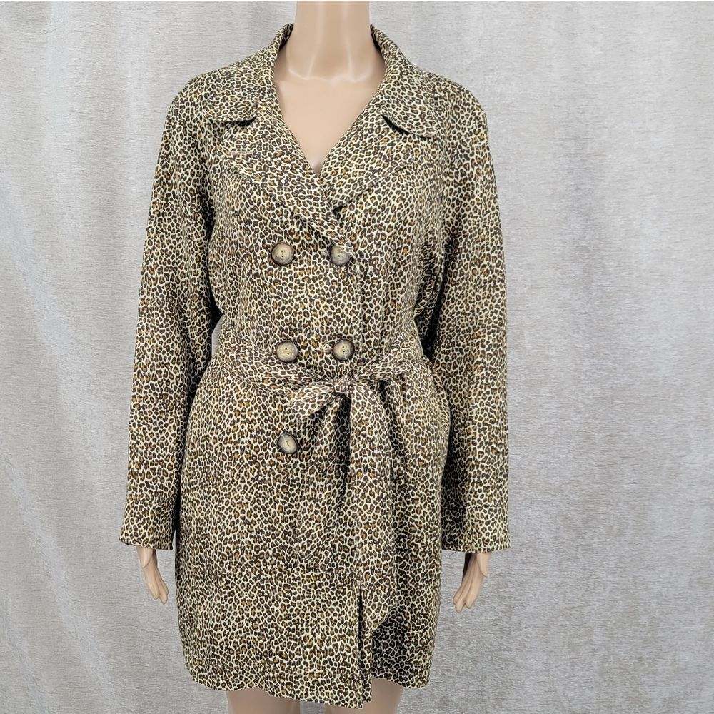 Tasha Polizzi Trench Coat Vintage Linen Leopard Print Double Breasted - Picture 2 of 13
